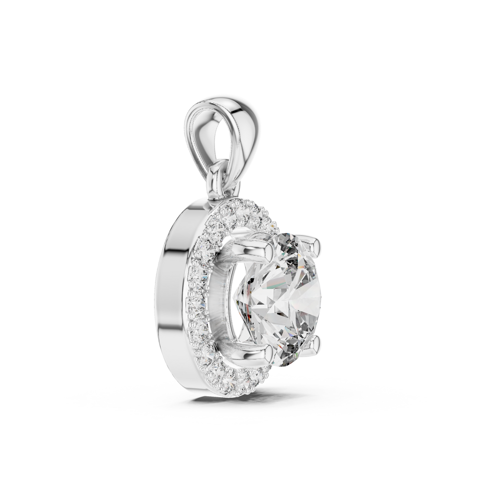 Side profile of white gold pendant featuring a round cut lab-grown diamond and halo setting