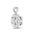 Side profile of white gold pendant featuring a round cut lab-grown diamond and halo setting