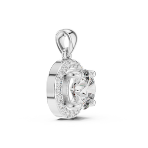 Side profile of white gold pendant featuring a round cut lab-grown diamond and halo setting