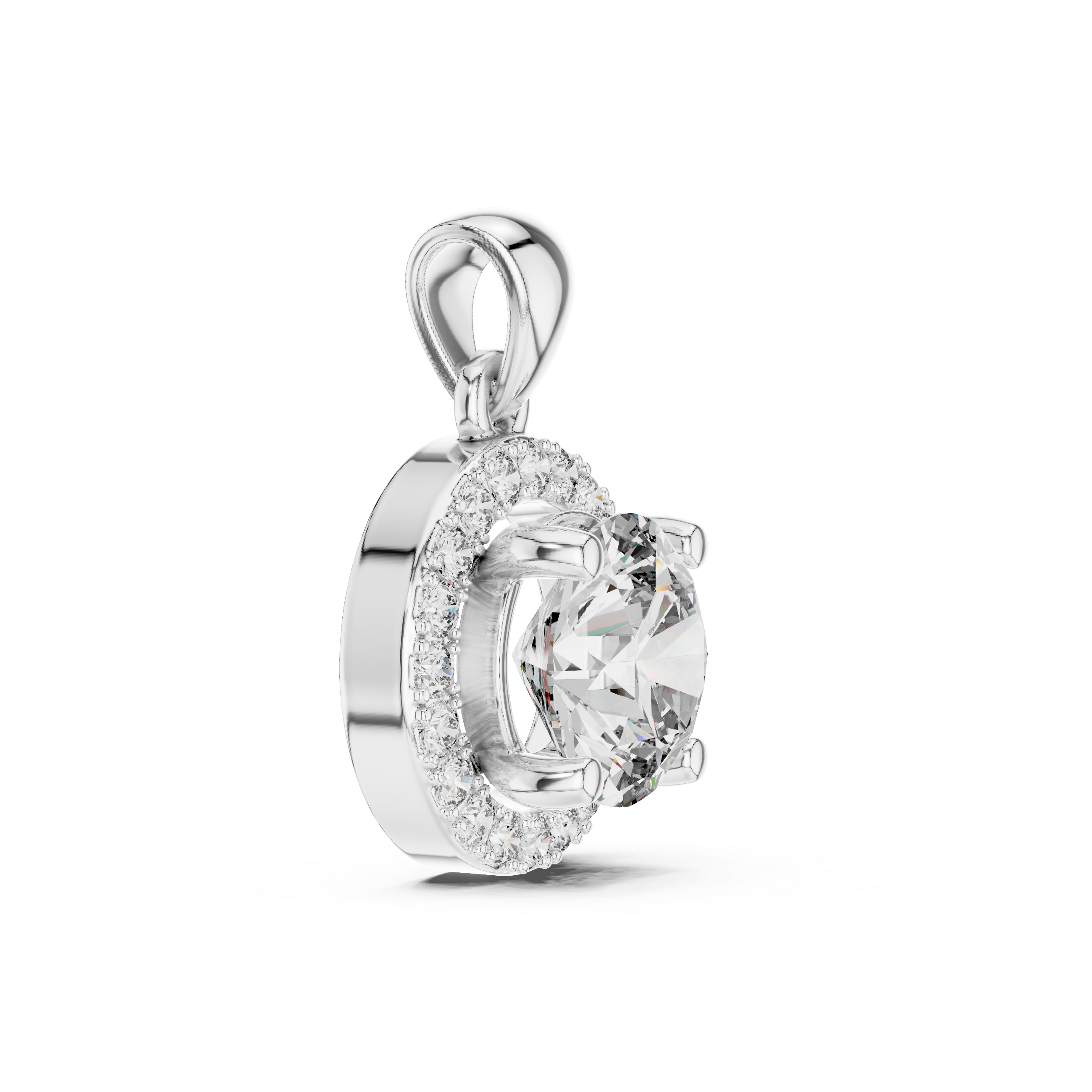 Side profile of white gold pendant featuring a round cut lab-grown diamond and halo setting