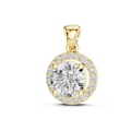 Front view of yellow gold round solitaire lab-grown diamond halo pendant