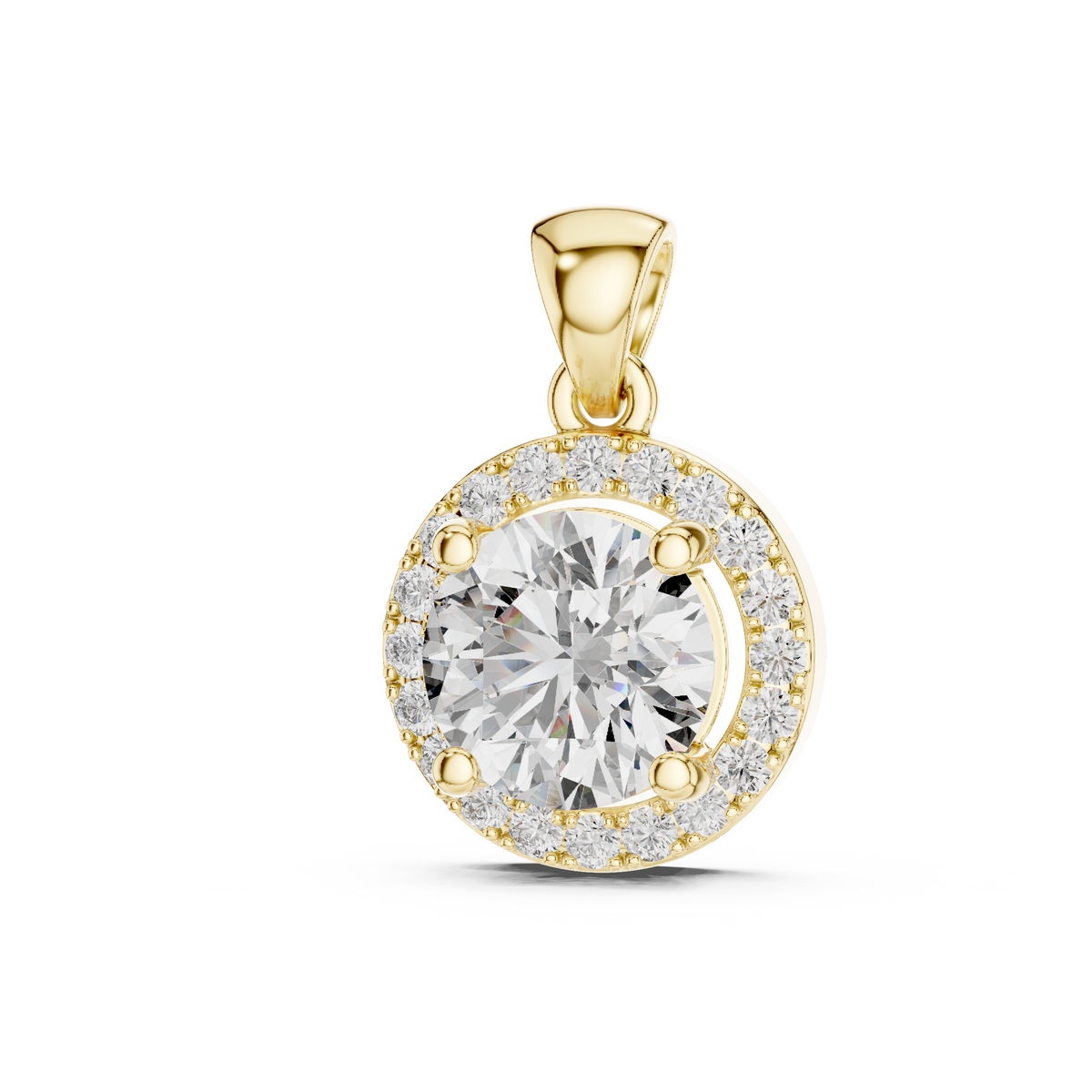 Front view of yellow gold round solitaire lab-grown diamond halo pendant