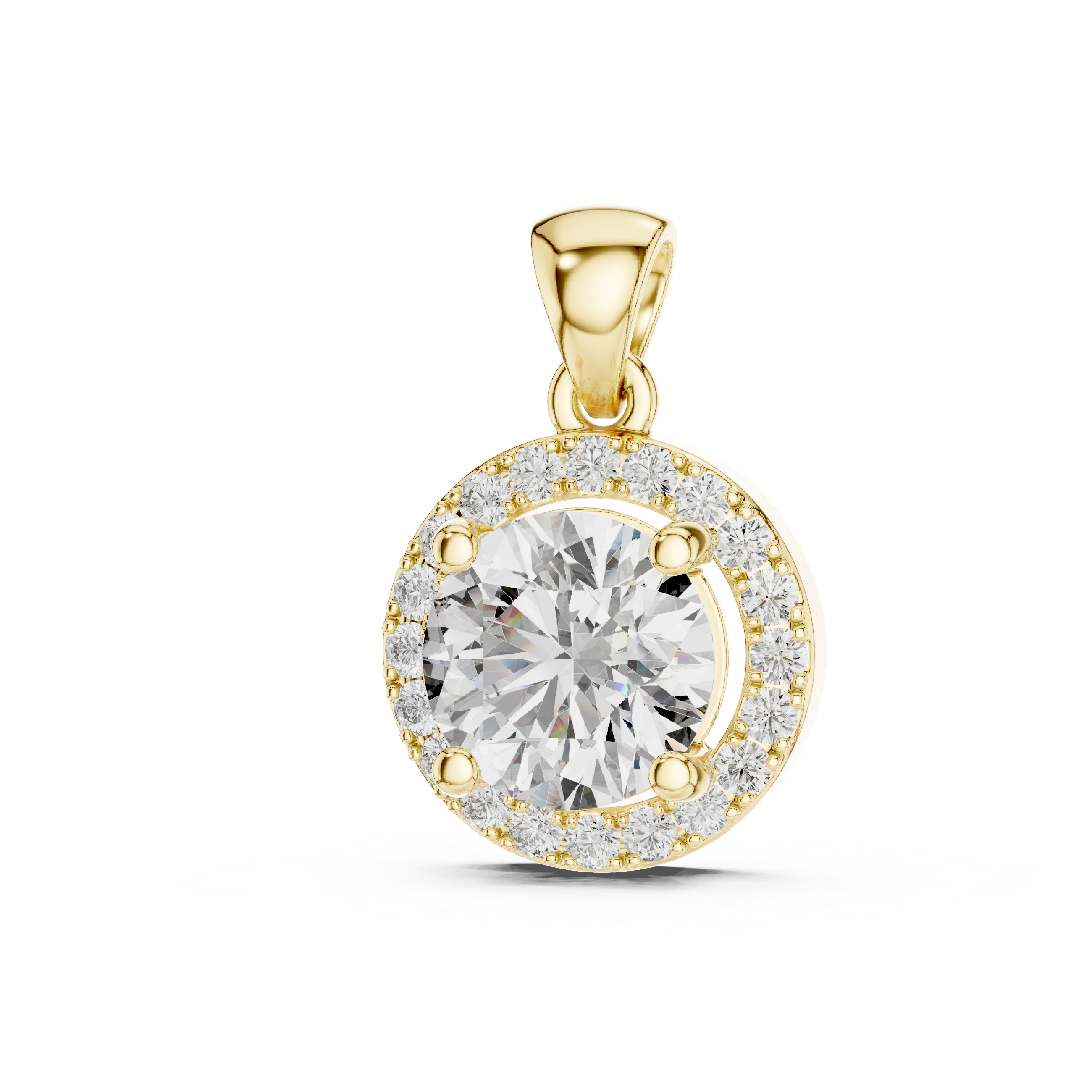 Front view of yellow gold round solitaire lab-grown diamond halo pendant