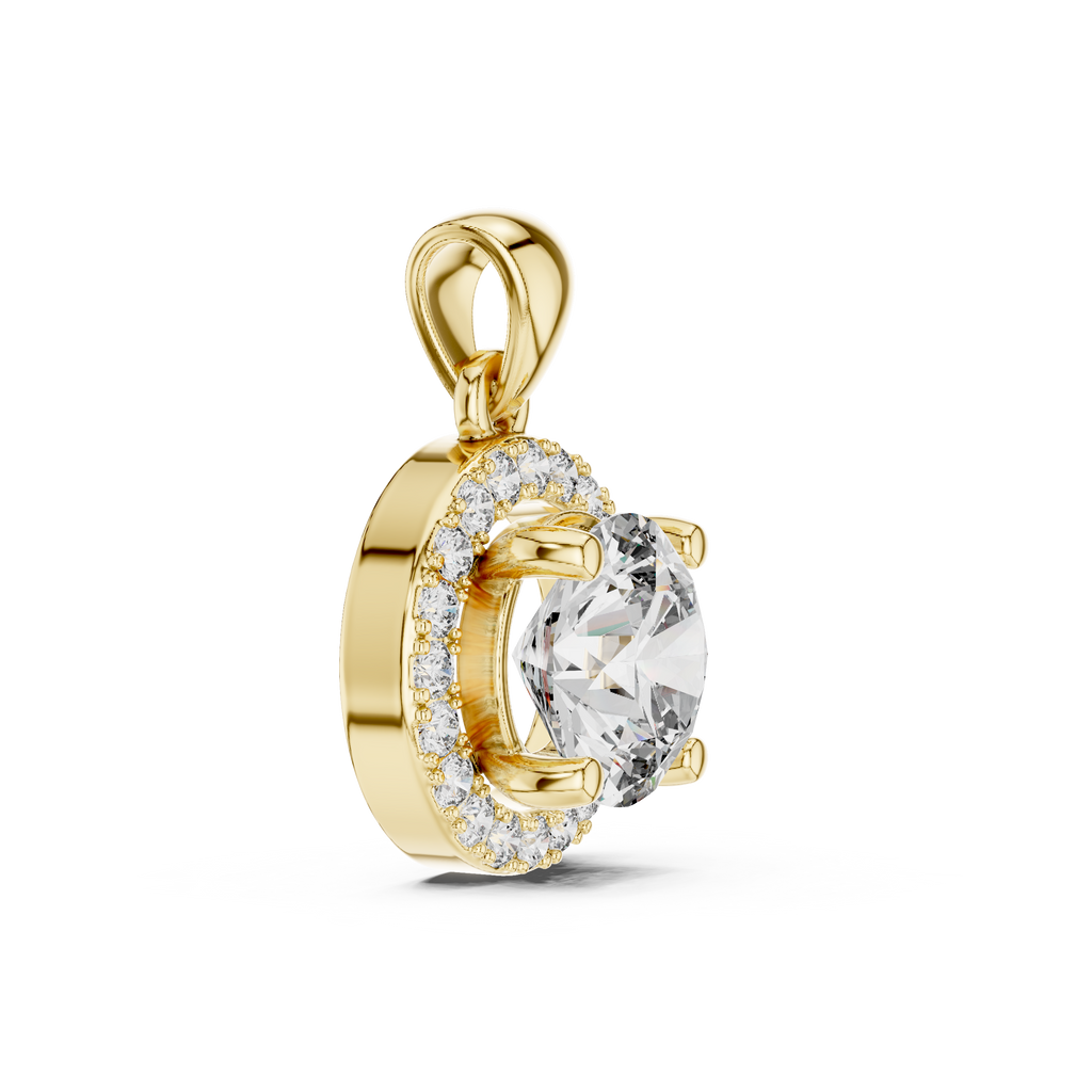Angled side view of yellow gold pendant featuring a round cut lab-grown diamond and halo setting