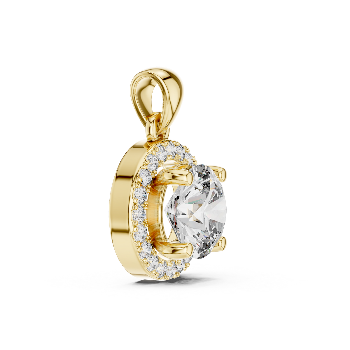 Angled side view of yellow gold pendant featuring a round cut lab-grown diamond and halo setting
