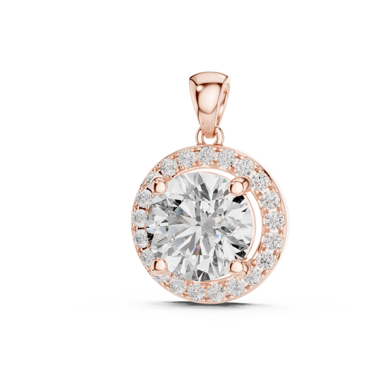 2.80 CT round lab grown diamond halo pendant necklace in rose gold, front view