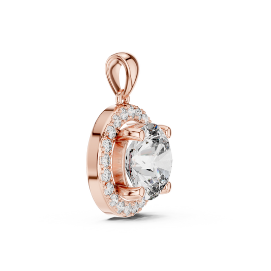Rose gold 2.80 CT round lab grown diamond halo pendant, side view