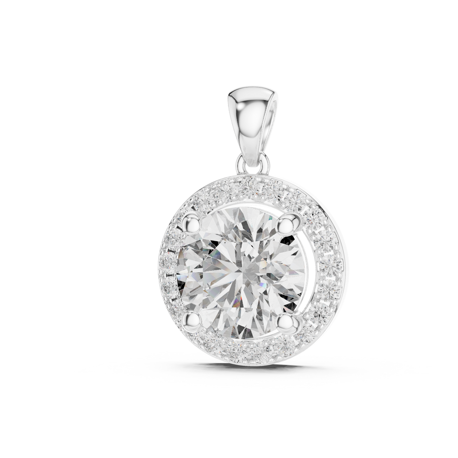 2.80 CT round lab grown diamond halo pendant necklace in white gold, front view