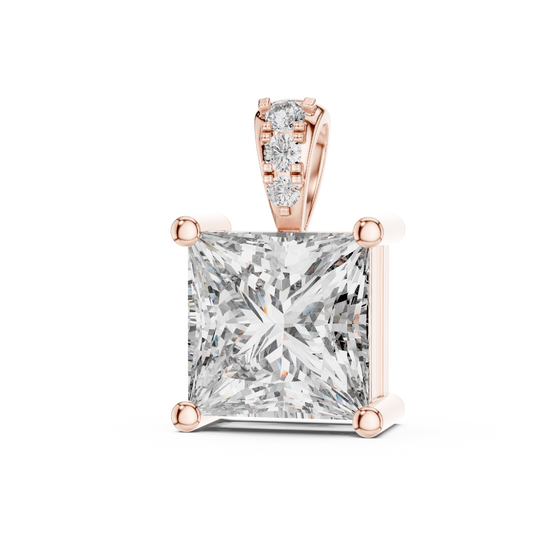 2 CT Princess Cut Lab Grown Diamond Solitaire Pendant in Rose Gold with Accented Bail