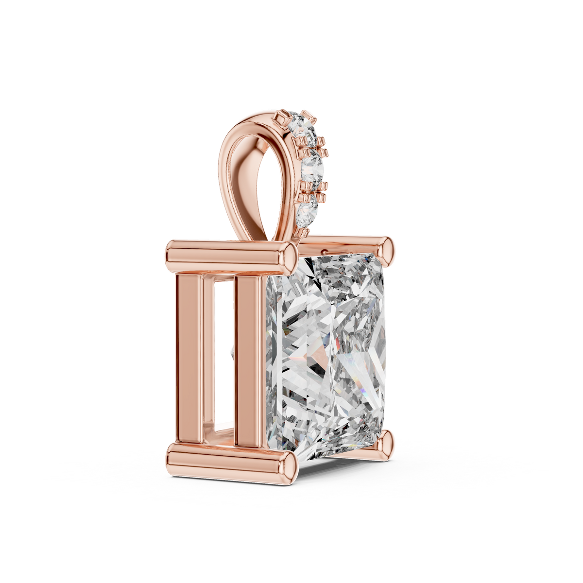 2 CT Princess Cut Lab Grown Diamond Solitaire Pendant in Rose Gold with Accented Bail
