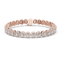 Rose gold radiant cut halo diamond tennis bracelet, close-up view