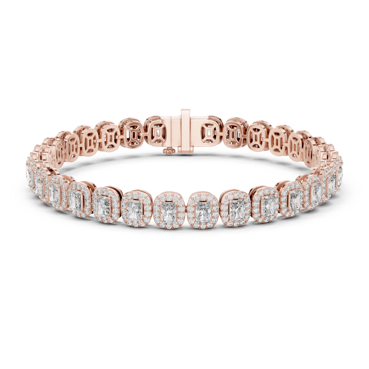 Rose gold radiant cut halo diamond tennis bracelet, close-up view