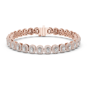 Rose gold radiant cut halo diamond tennis bracelet, close-up view