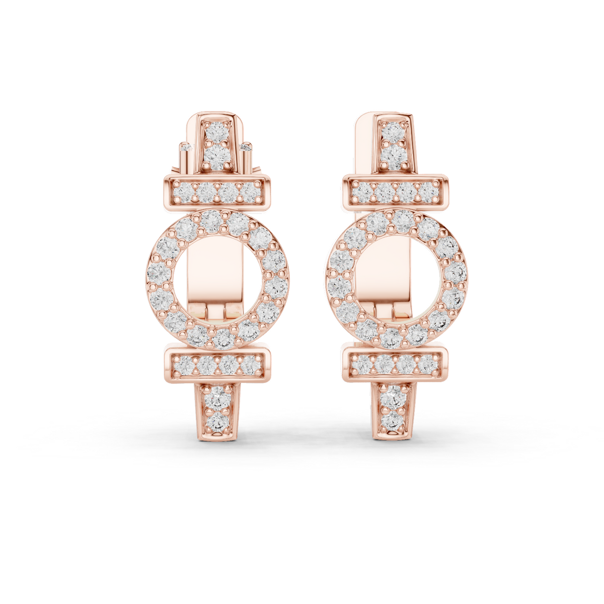 Rose gold 0.45 ct lab grown diamond art deco circle huggie earrings, front view