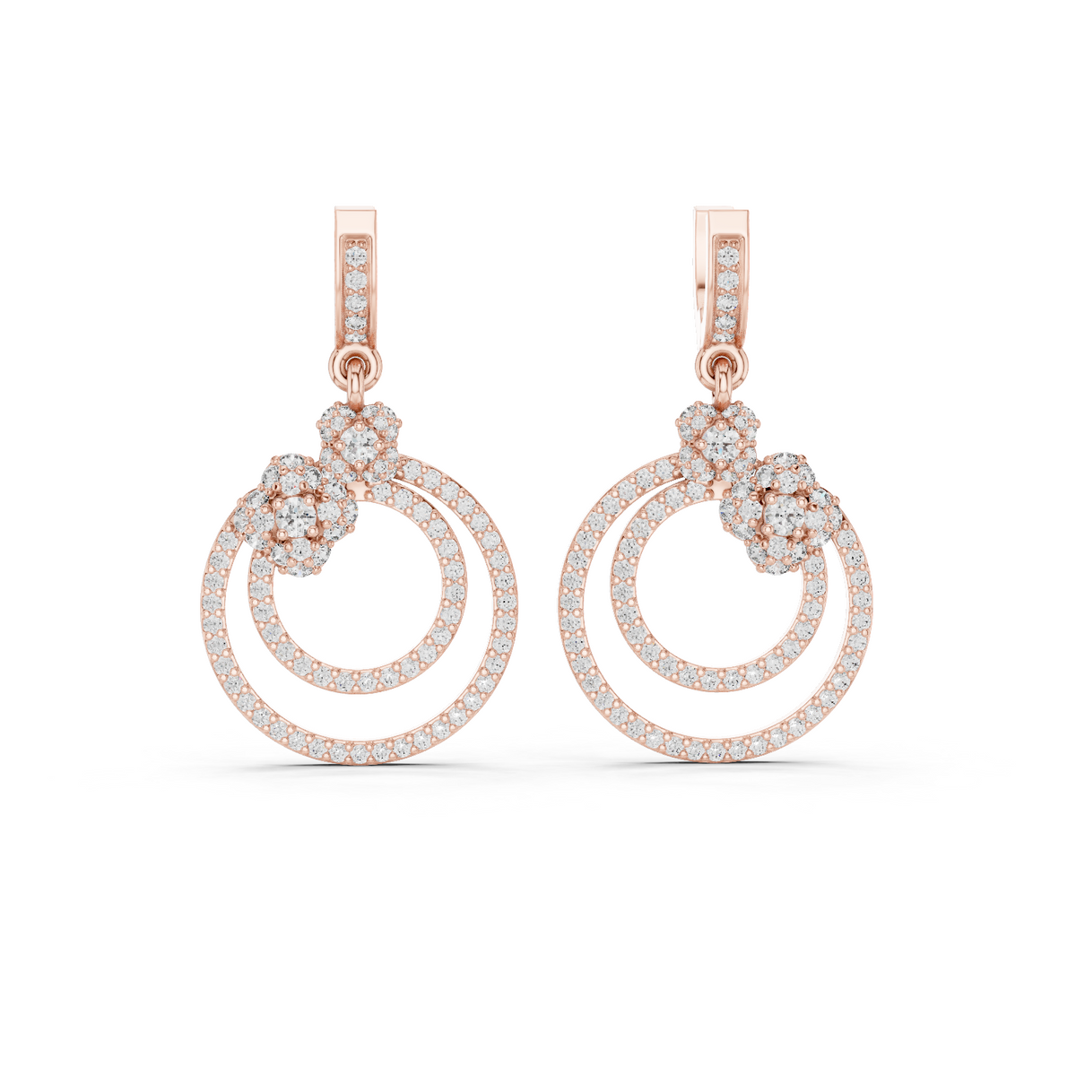 Rose gold 1.08 ct lab grown diamond double circle drop earrings, front view