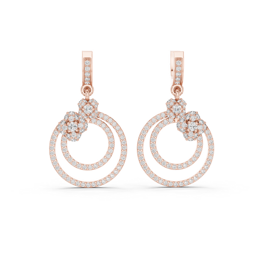 Rose gold 1.08 ct lab grown diamond double circle drop earrings, front view