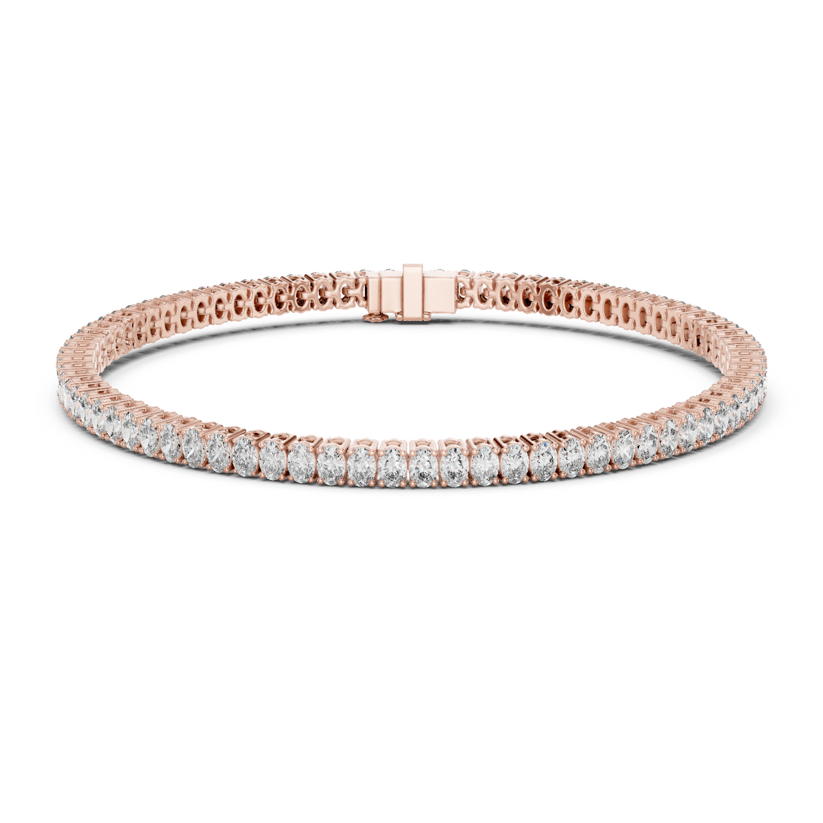 Rose gold oval cut diamond tennis bracelet, close-up view