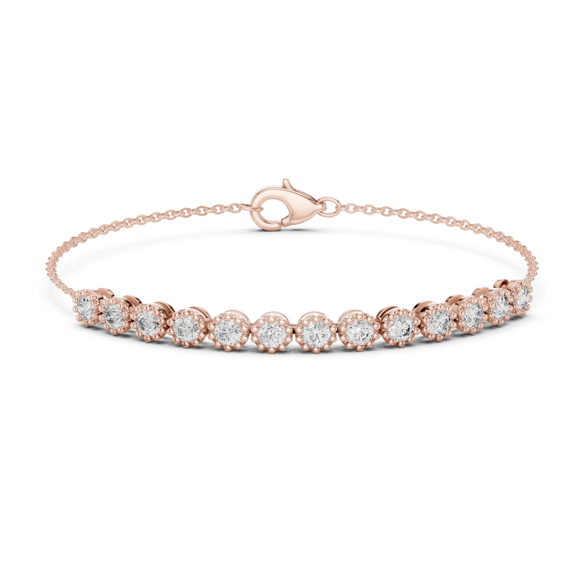 Rose gold round diamond chain bracelet, close-up view