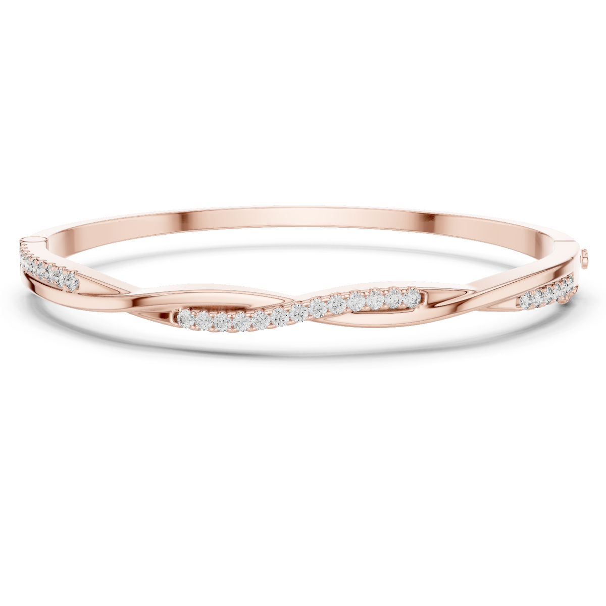 Rose gold twisted diamond bangle bracelet, close-up view