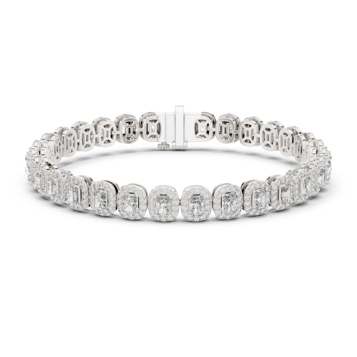 White gold radiant cut halo diamond tennis bracelet, close-up view