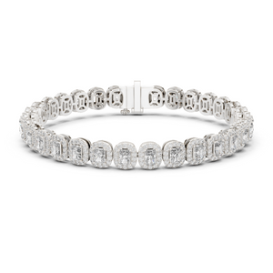 White gold radiant cut halo diamond tennis bracelet, close-up view