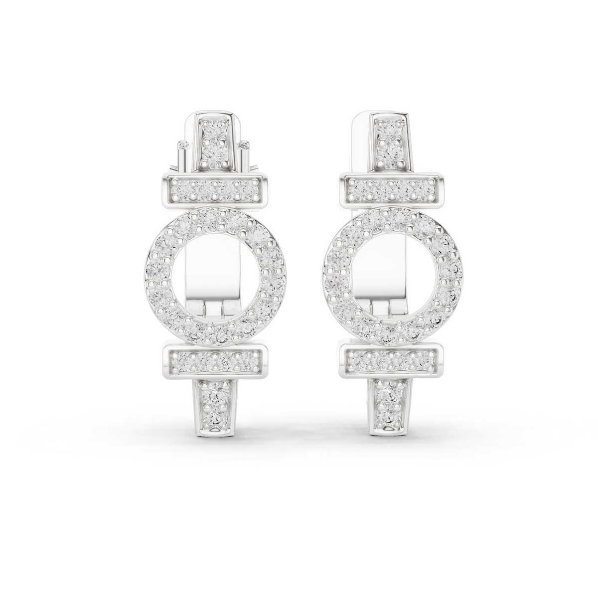 White gold 0.45 ct lab grown diamond art deco circle huggie earrings, front view