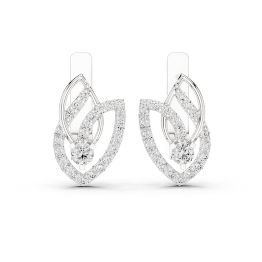 Lab Grown Diamond Open Leaf Huggie Earrings in white gold