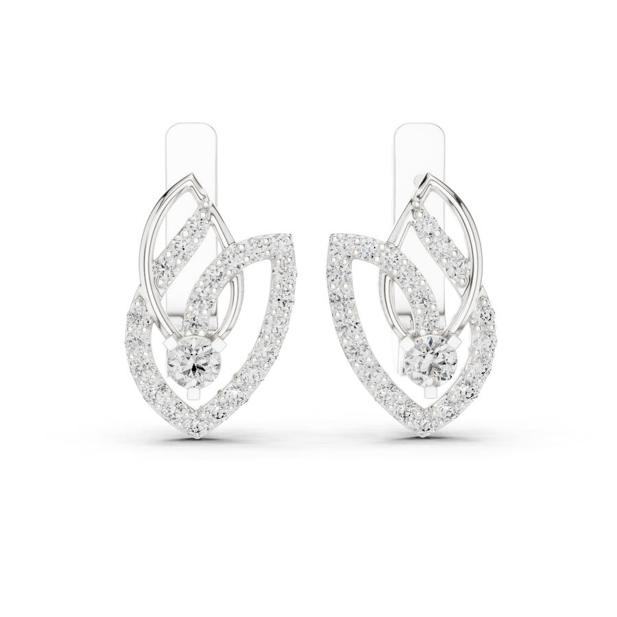 Lab Grown Diamond Open Leaf Huggie Earrings in white gold