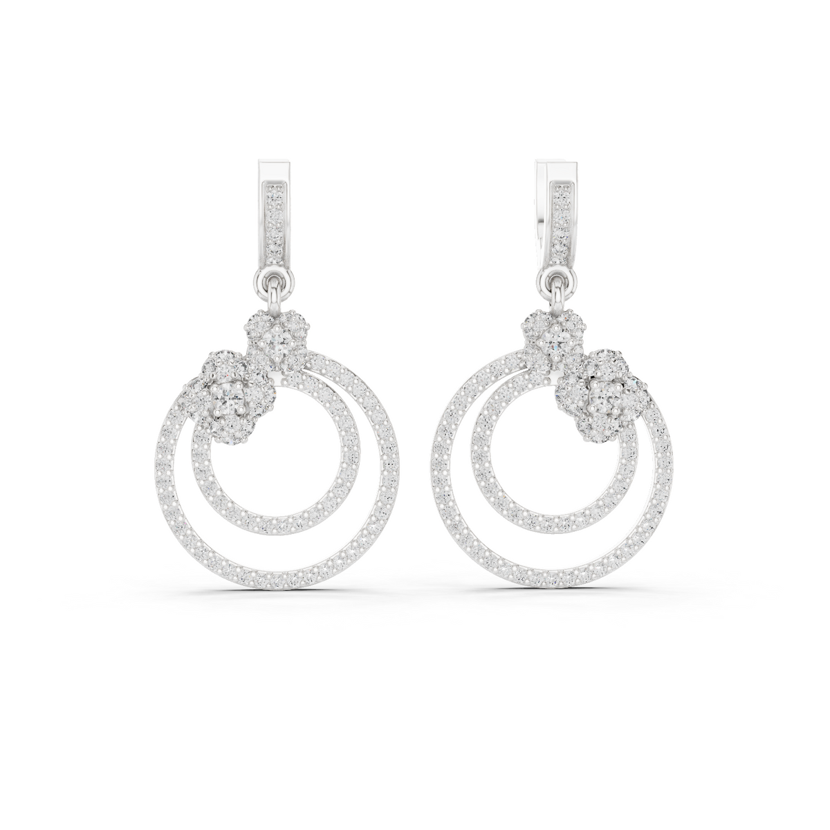 White gold 1.08 ct lab grown diamond double circle drop earrings, front view
