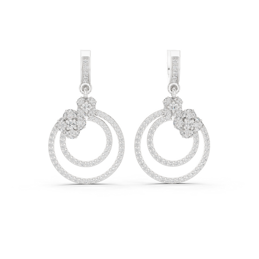 White gold 1.08 ct lab grown diamond double circle drop earrings, front view