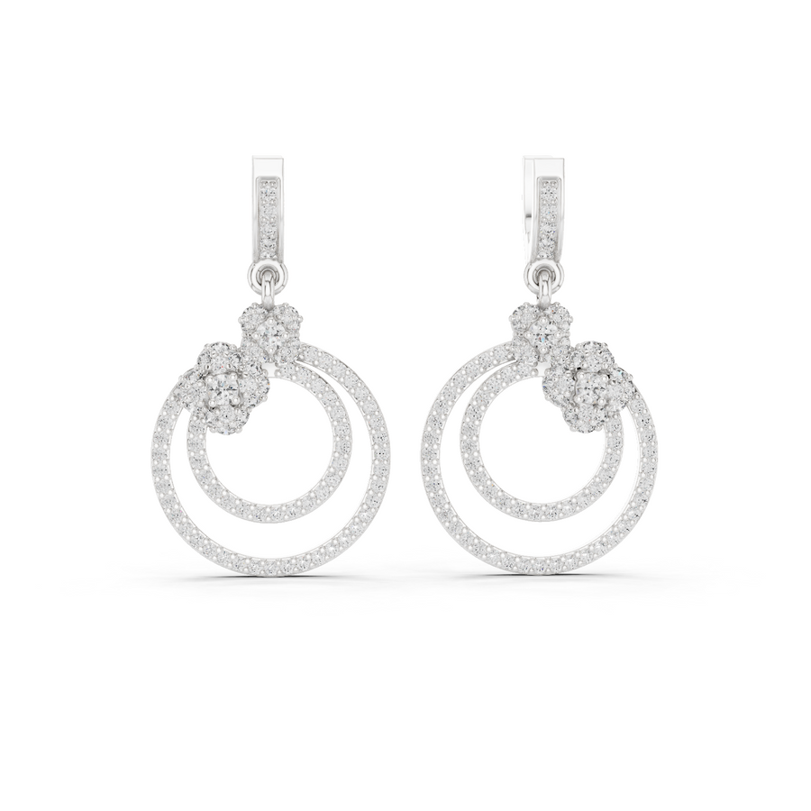 White gold 1.08 ct lab grown diamond double circle drop earrings, front view