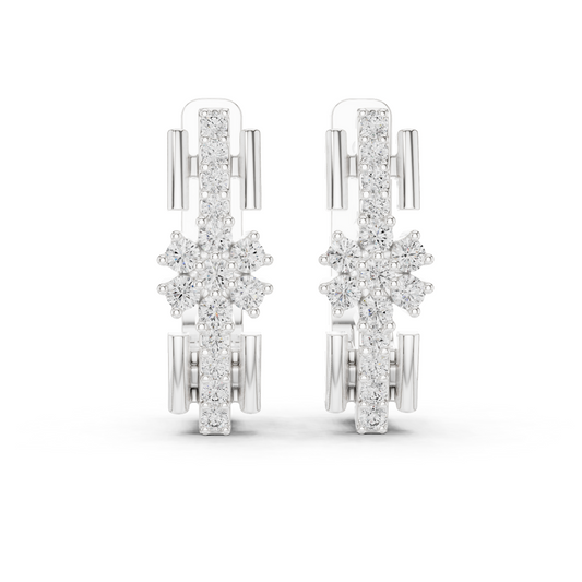 White gold 0.30 ct lab grown diamond flower cluster huggie earrings, front view