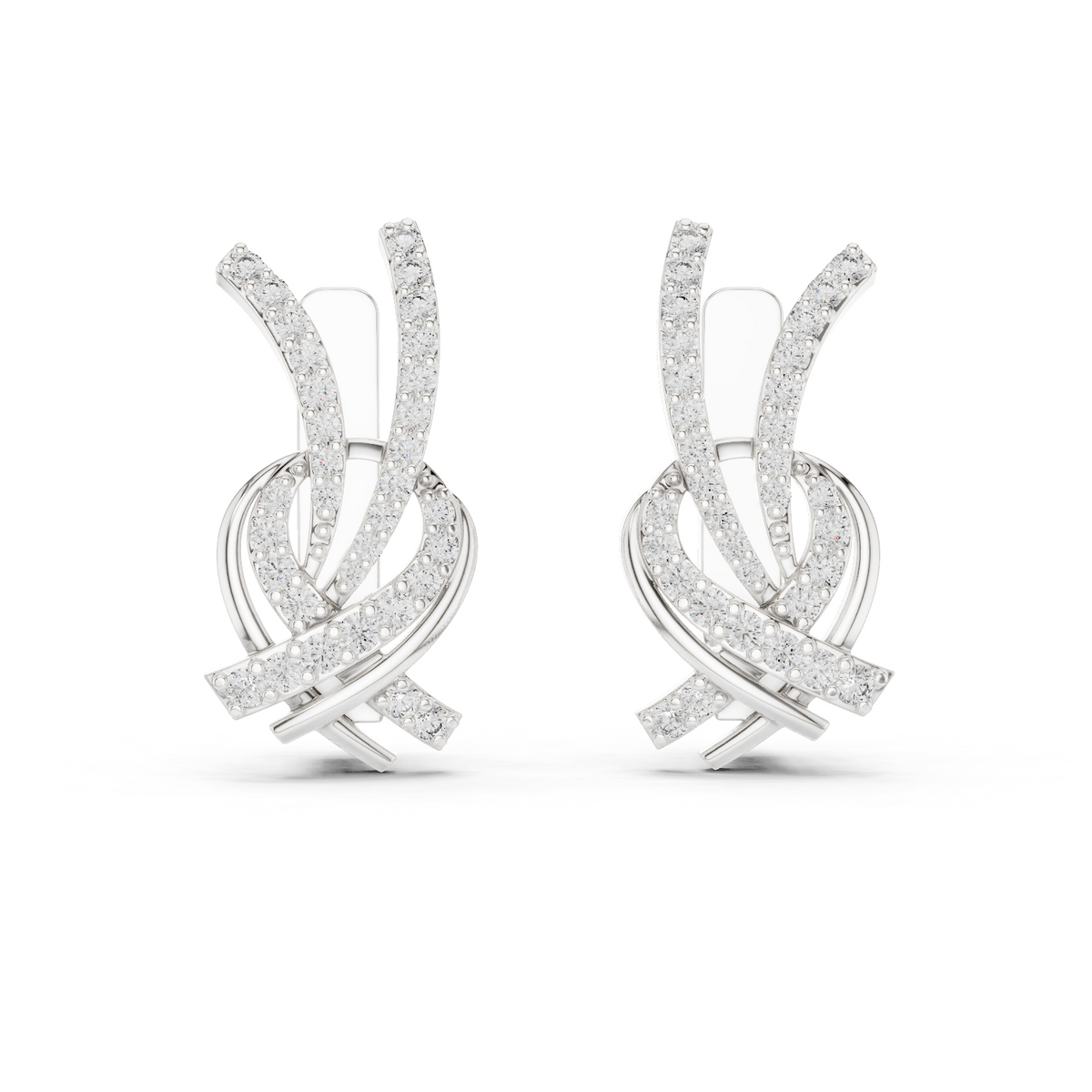 White gold 0.51 ct lab grown diamond love knot huggie earrings, front view