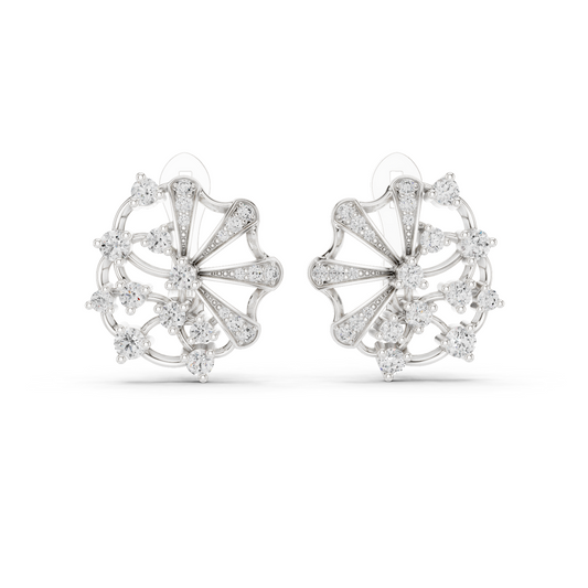 Lab grown diamond fan cluster stud earrings in white gold, front view
