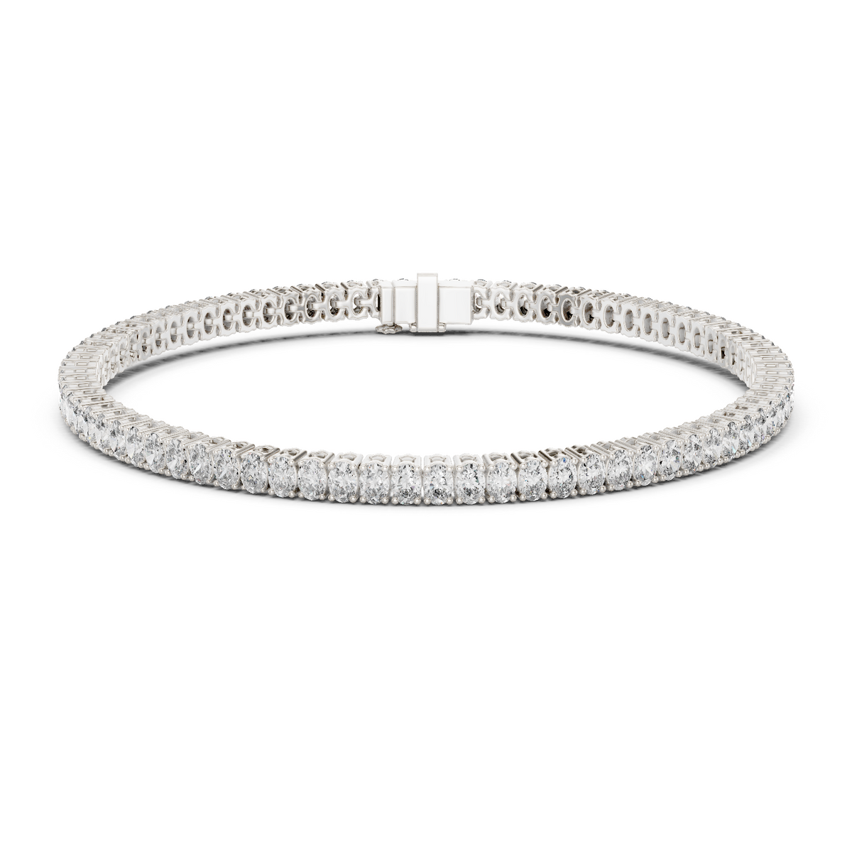 White gold oval cut diamond tennis bracelet, close-up view