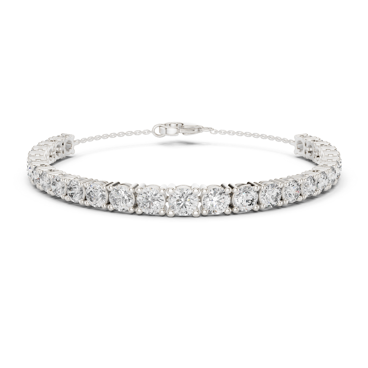 White gold graduated round diamond tennis bracelet, close-up view
