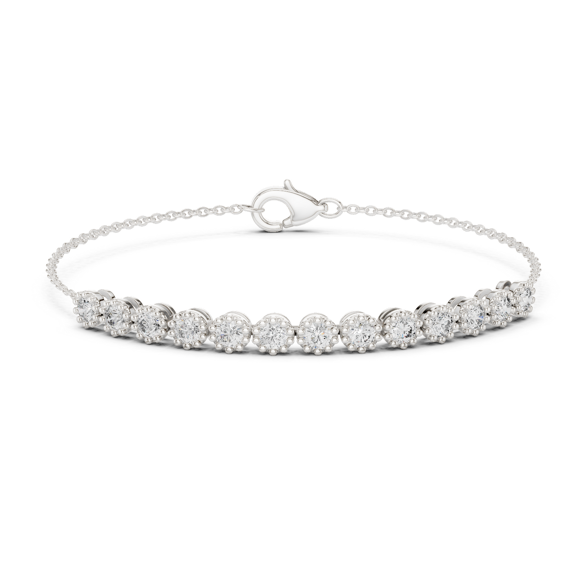 White gold round diamond chain bracelet, close-up view
