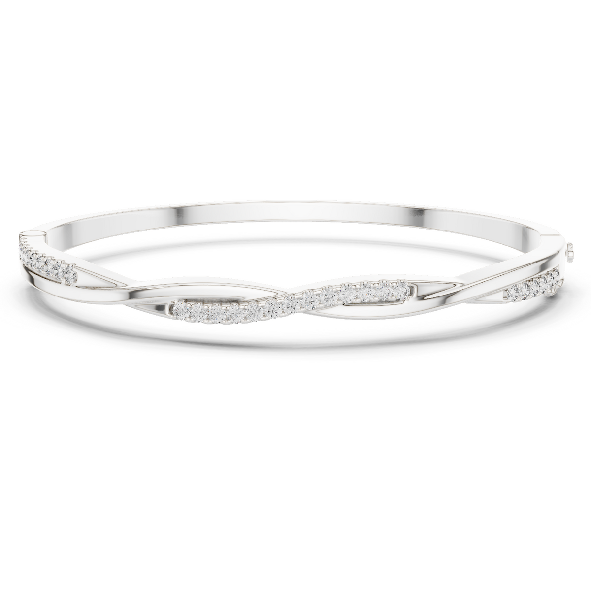 White gold twisted diamond bangle bracelet, close-up view