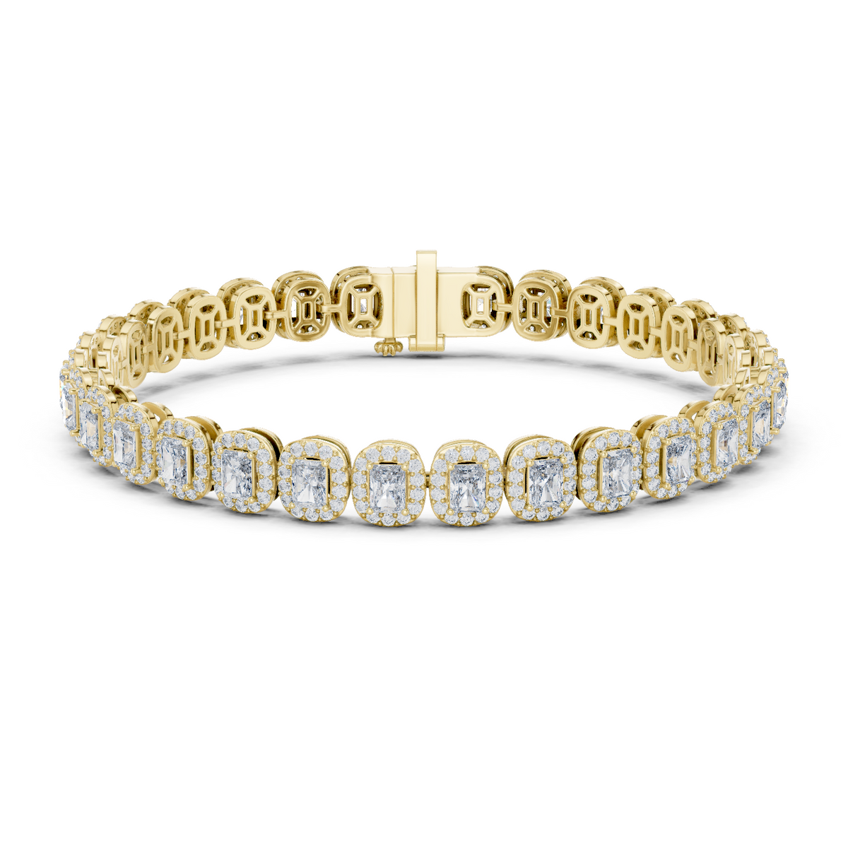 Yellow gold radiant cut halo diamond tennis bracelet, close-up view