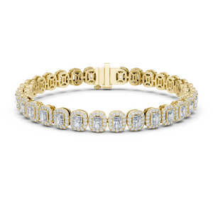 Yellow gold radiant cut halo diamond tennis bracelet, close-up view