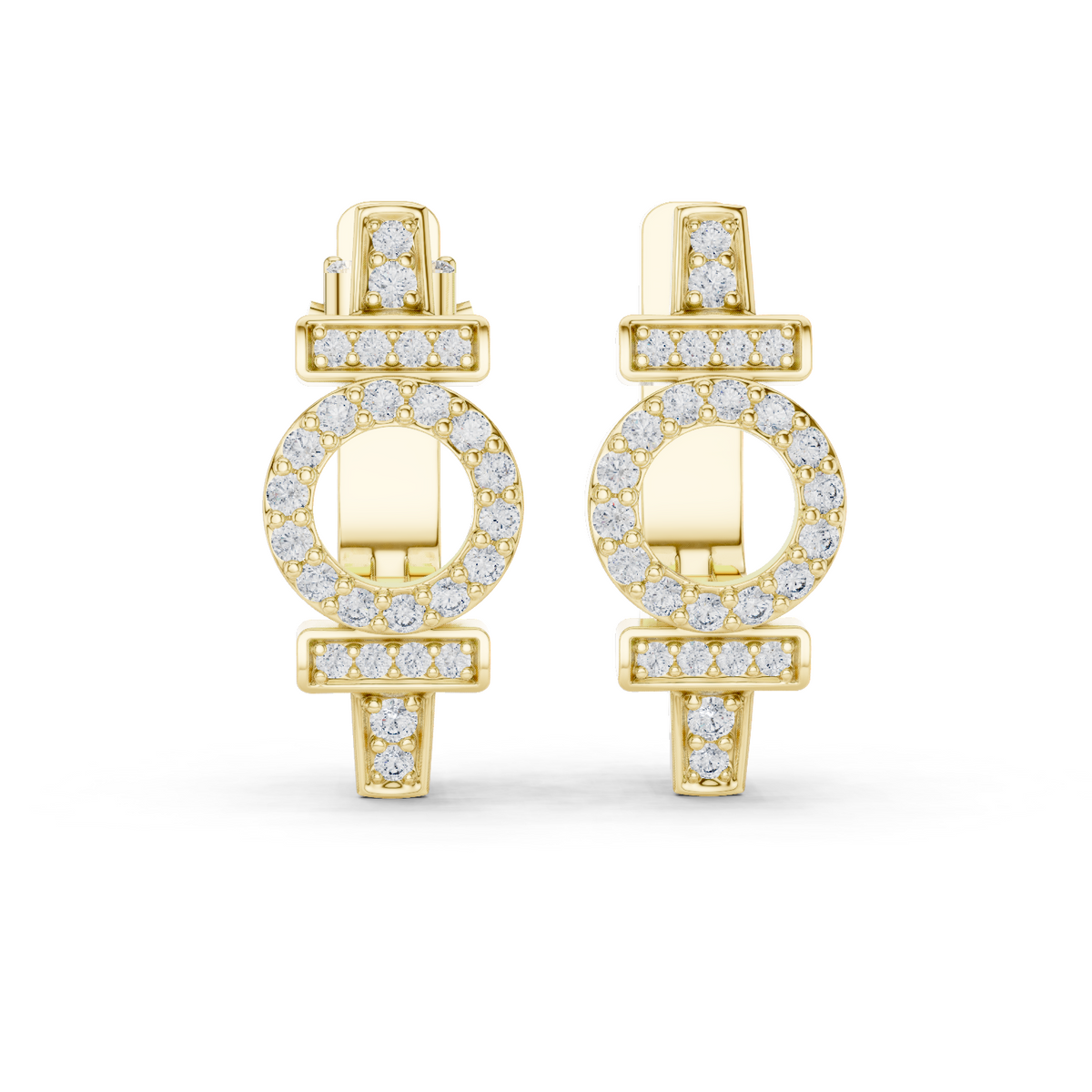 Yellow gold 0.45 ct lab grown diamond art deco circle huggie earrings, front view