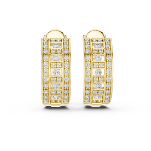 Yellow gold wide pavé lab grown diamond huggie hoop earrings, front view