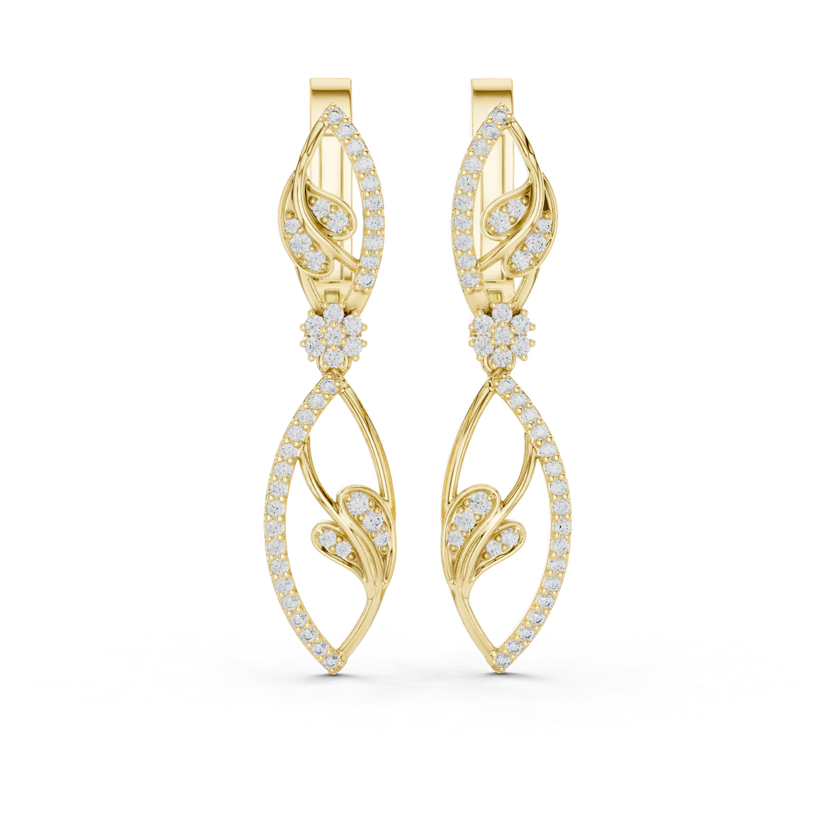 Yellow gold 0.73 ct lab grown diamond floral vine leverback drop earrings, front view