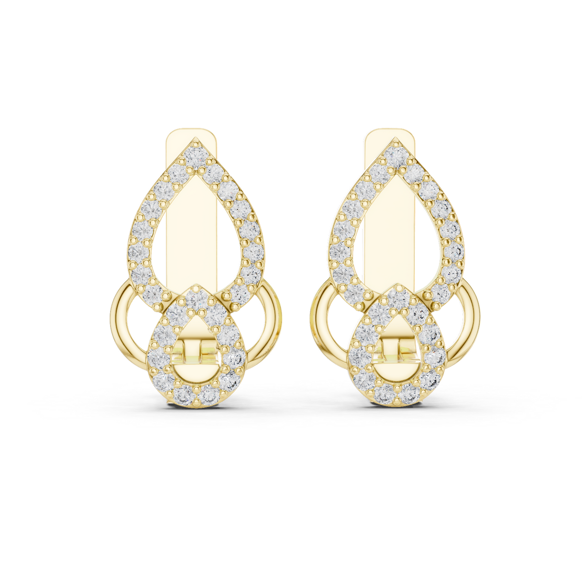 Yellow gold 0.36 ct lab grown diamond double teardrop huggie earrings, front view