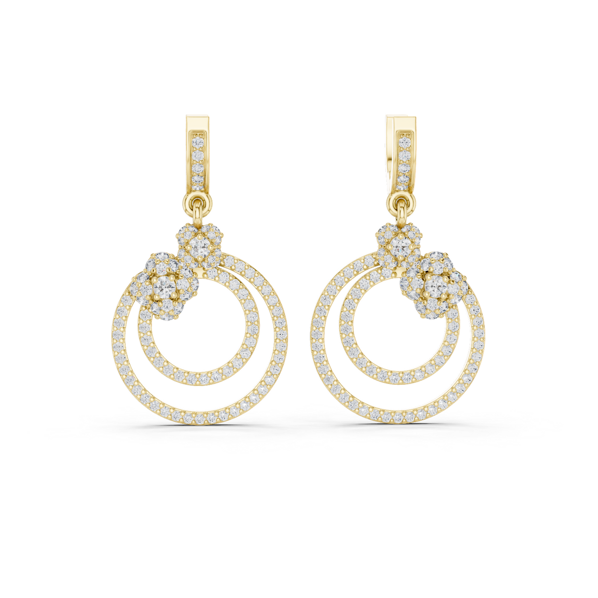 Yellow gold 1.08 ct lab grown diamond double circle drop earrings, front view