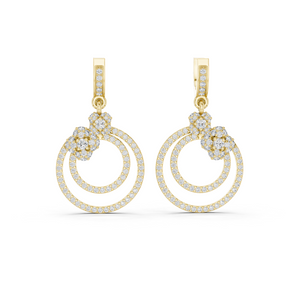 Yellow gold 1.08 ct lab grown diamond double circle drop earrings, front view