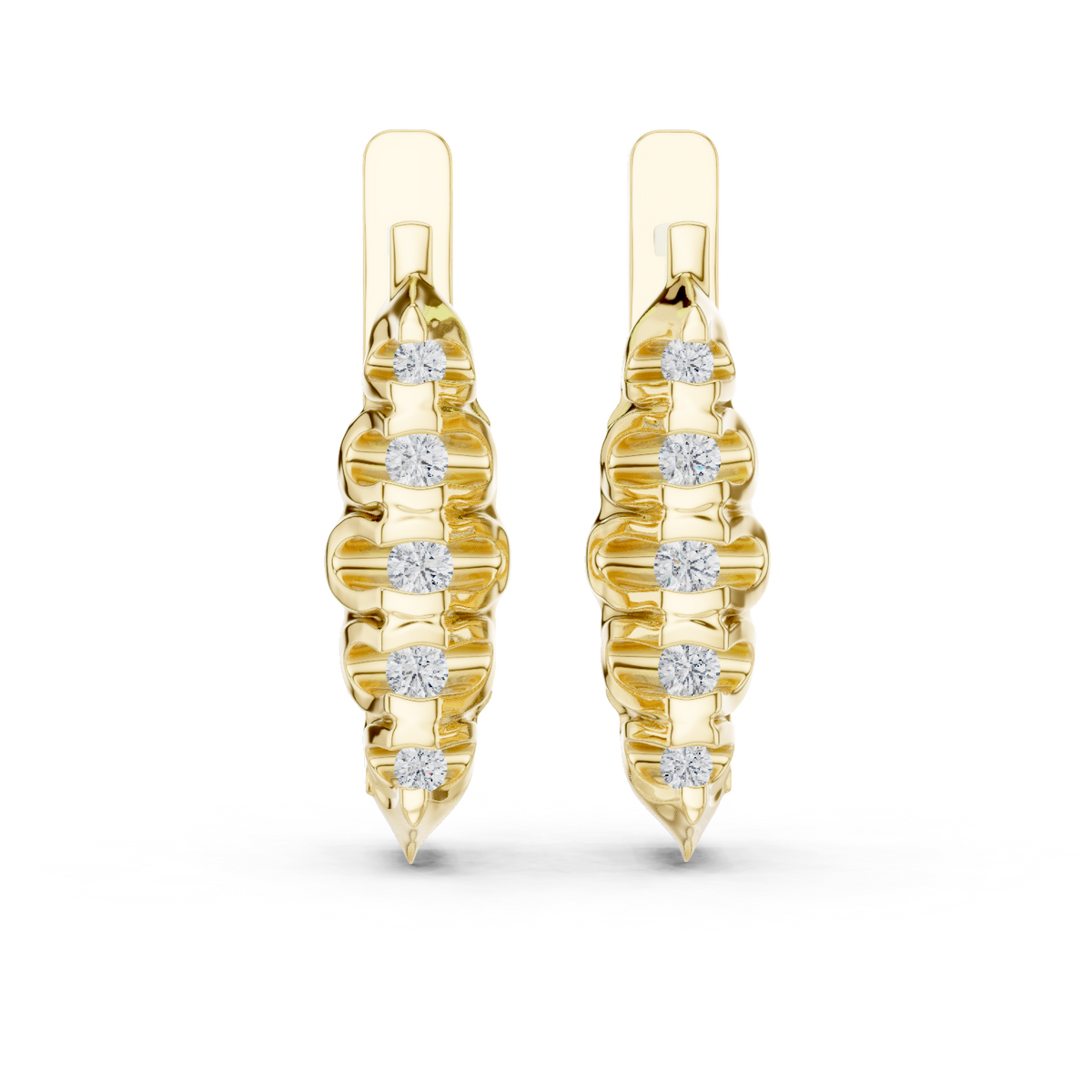 Yellow gold 0.26 ct lab grown diamond graduated bezel huggie earrings, front view