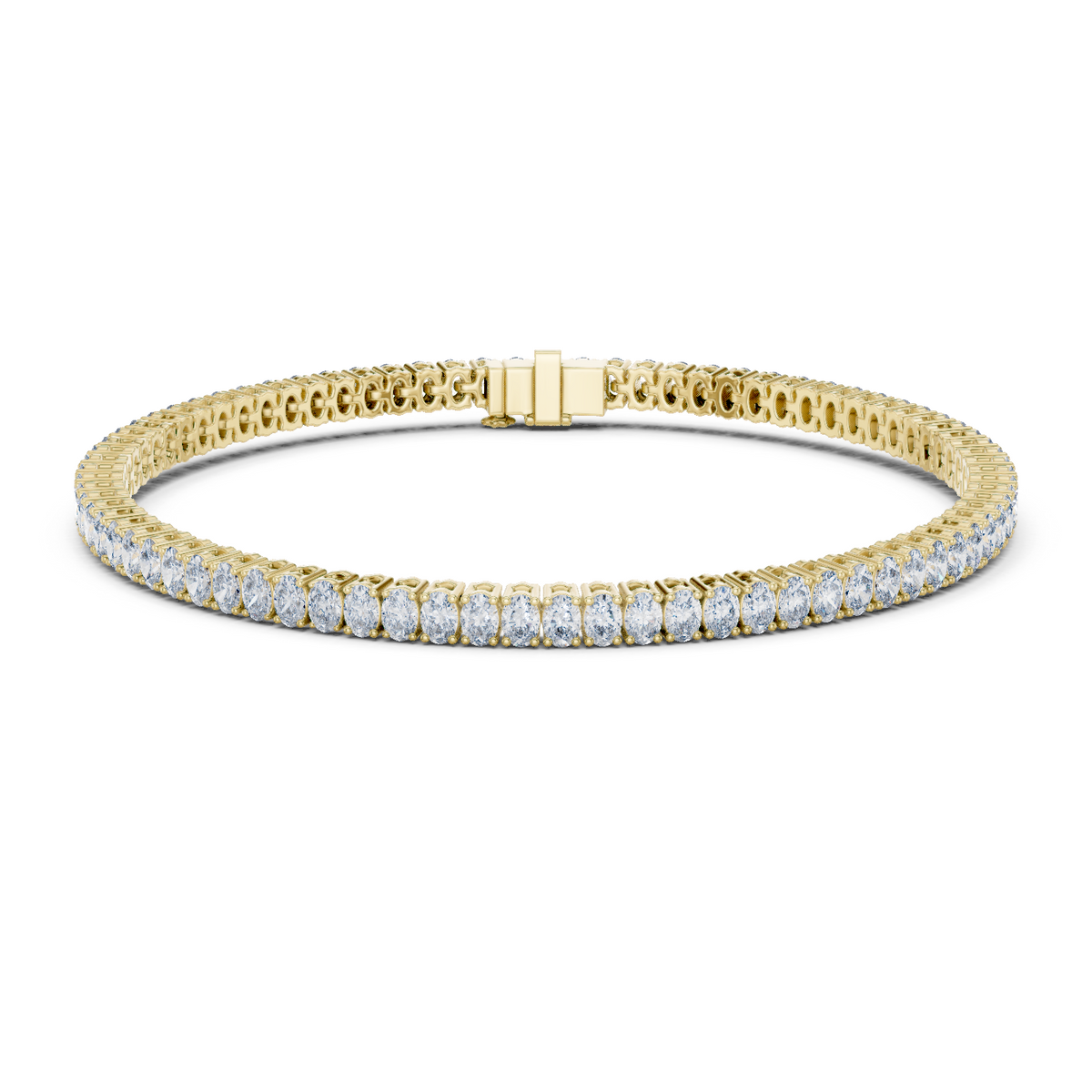 Yellow gold oval cut diamond tennis bracelet, close-up view