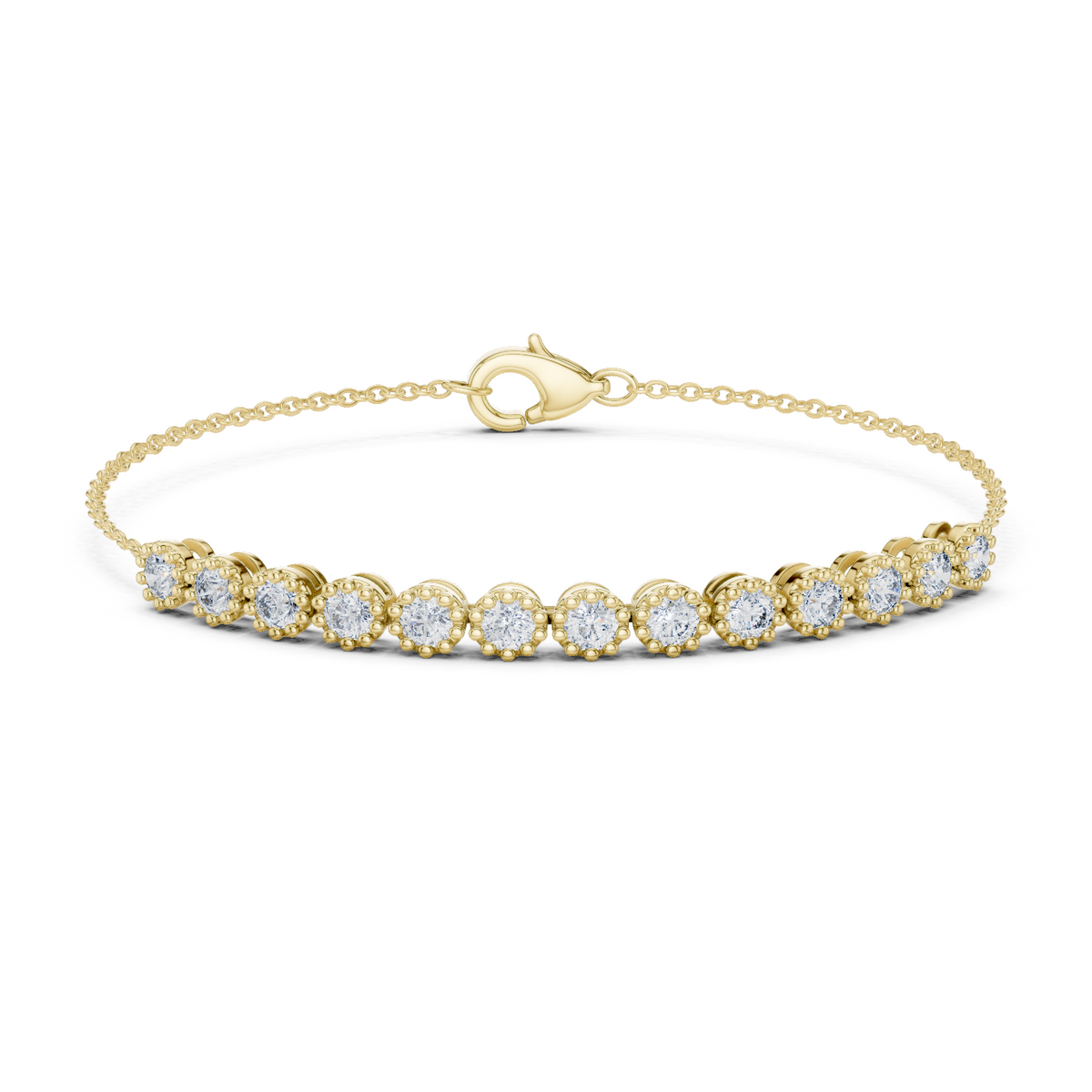 Yellow gold round diamond chain bracelet, close-up view