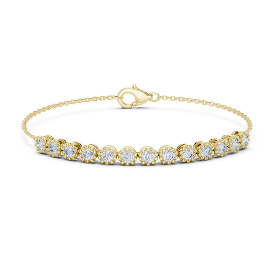 Yellow gold round diamond chain bracelet, close-up view